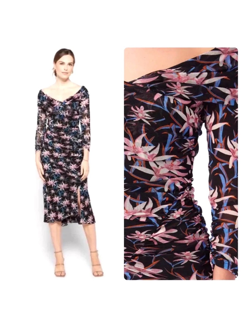 Diane von Furstenberg DVF Ganesa Floral Ruched Mesh Midi Dress L